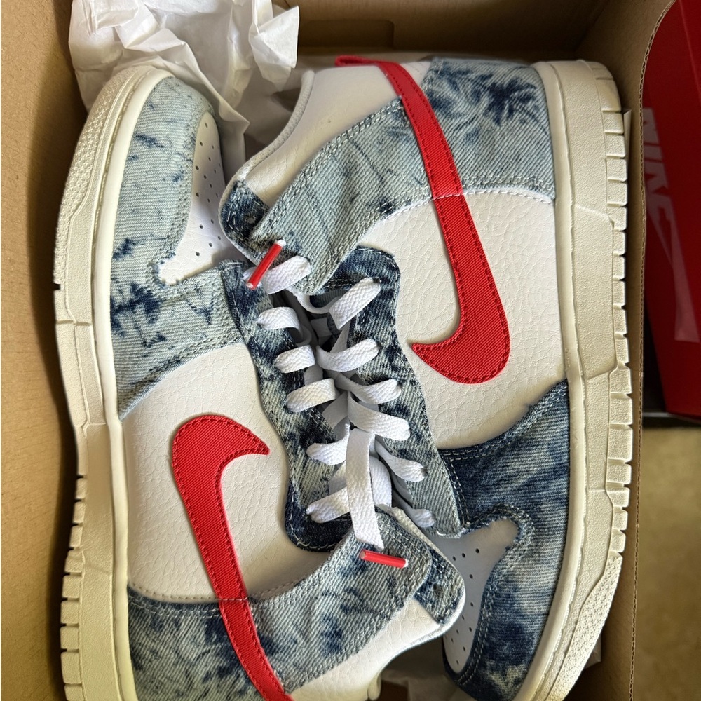 Nike Dunk High “Washed Denim” Blue and Red Sneakers
